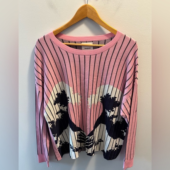 Desigual Hawaiian Print Jumper Pink Knit Sweater Size XL Stretchy Boatneck NWT - Picture 5 of 13